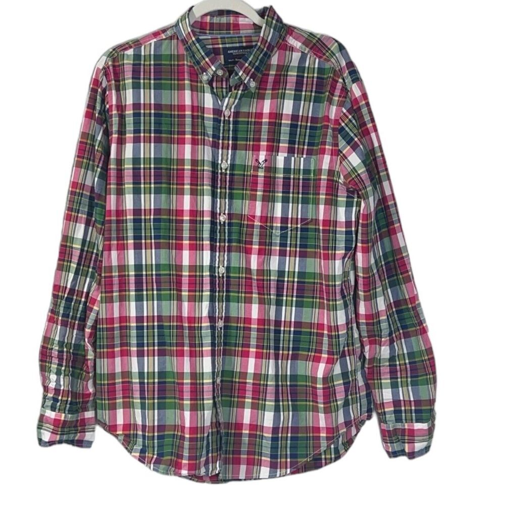 American Eagle Athletic Fit Long Sleeve Cotton Shirt Men Plaid Size Large
